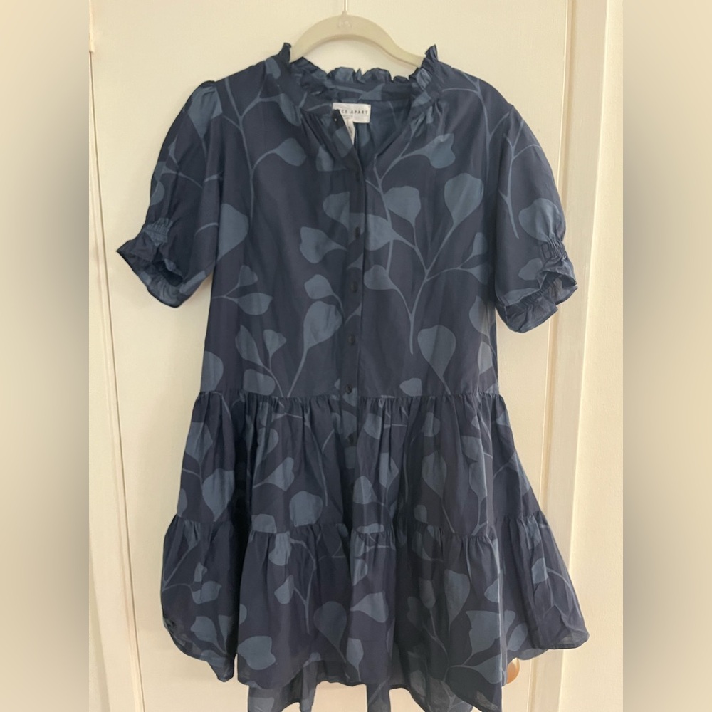 Apiece Apart Navy Leaf-Print Mini Dress